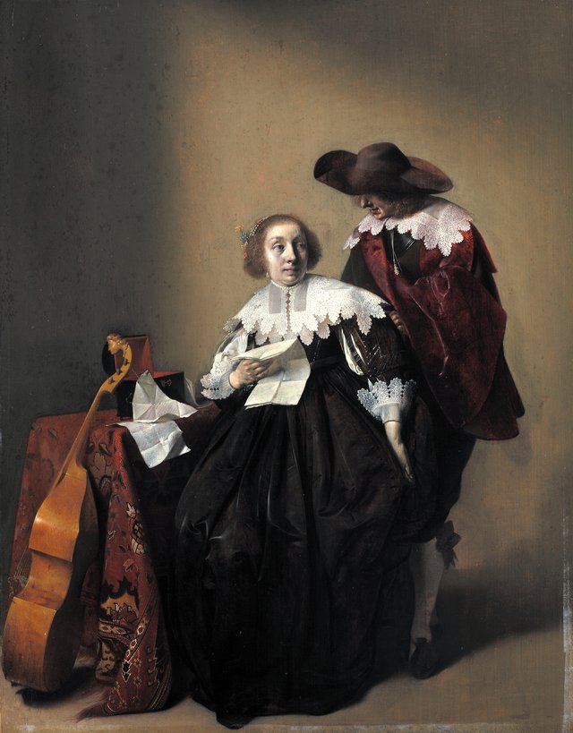 En kvinde med et brev opvartes af en kavaler by Willem Cornelisz Duyster