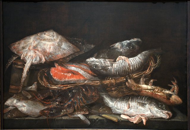 Stilleben med fisk på et stenbord by Abraham van Beijeren