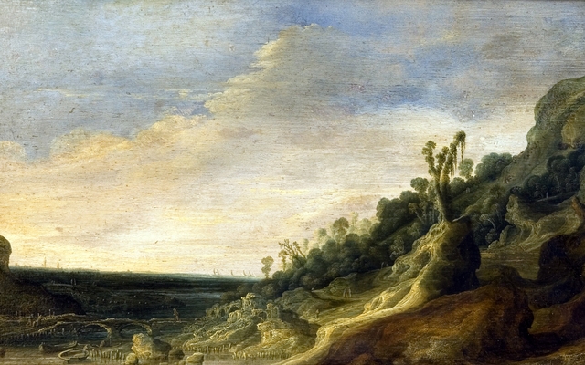 Bjerglandskab med udsigt over en flod og havet by Jacob van Geel