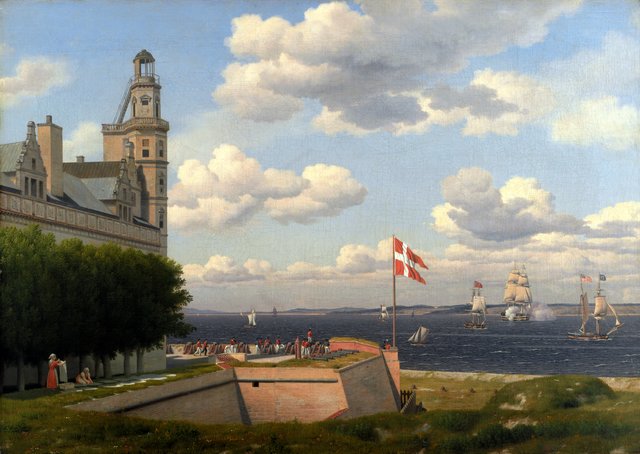 Udsigt fra Kronborg Vold over flagbatteriet og Sundet til den svenske kyst by Christoffer Wilhelm Eckersberg