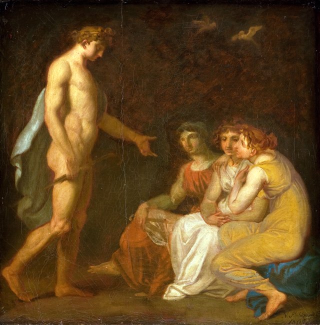 Apollon pålægger Parcerne at opsøge den fra jorden bortflygtede Ceres by Nicolai Abildgaard