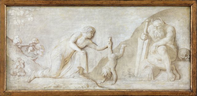 Thetis dypper sin spæde søn Achilleus i floden Styx for at gøre ham usårlig by Nicolai Abildgaard