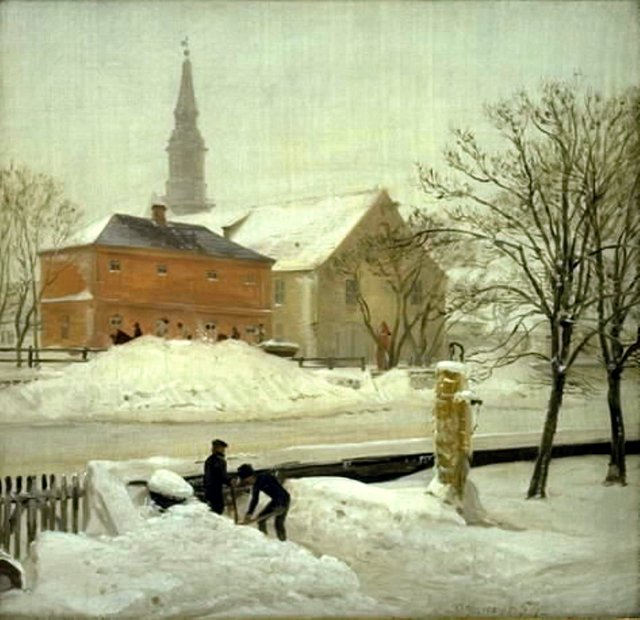 Udsigt fra kunstnerens bolig i Løweners ejendom på Christianshavn. Vinterdag med sne by P. C. Skovgaard