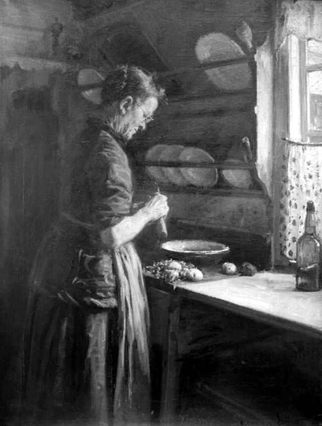 I køkkenet. Tante Nanna skræller kartofler by Viggo Johansen