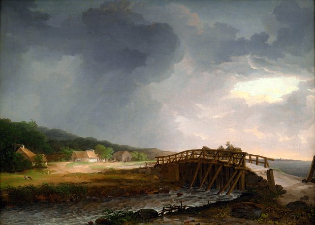 Broen over Tryggevælde å med udsigt til Køge by Johan Christian Dahl