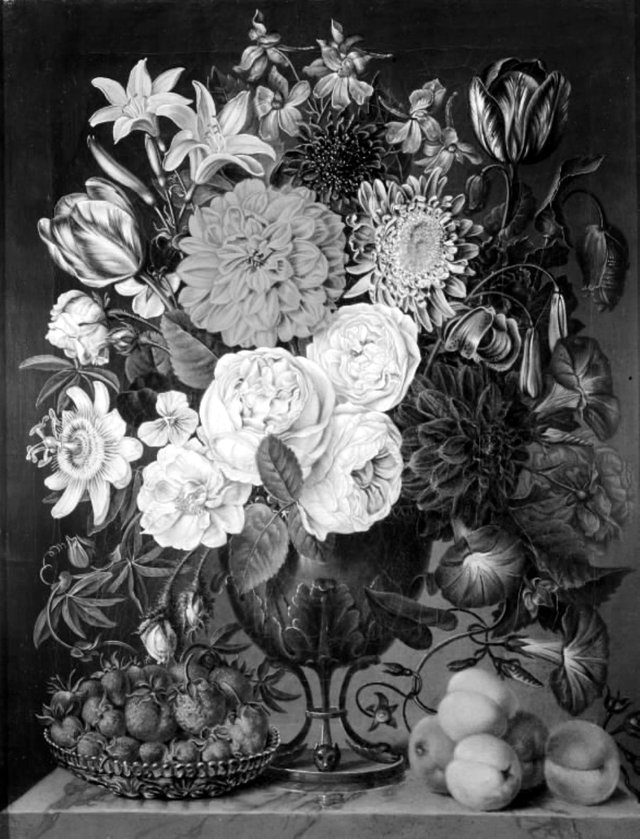Blomster i en trefodet vase og en skål med jordbær by Carl Christian Seydewitz