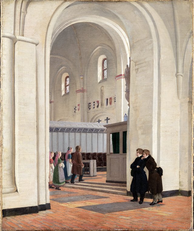 Parti af det indvendige af Ringsted Kirke. I forgrunden Constantin Hansen og Jørgen Roed by Constantin Hansen