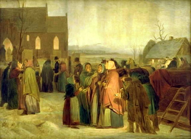 Julemorgen. Bønder uden for en kirke by Jørgen Sonne
