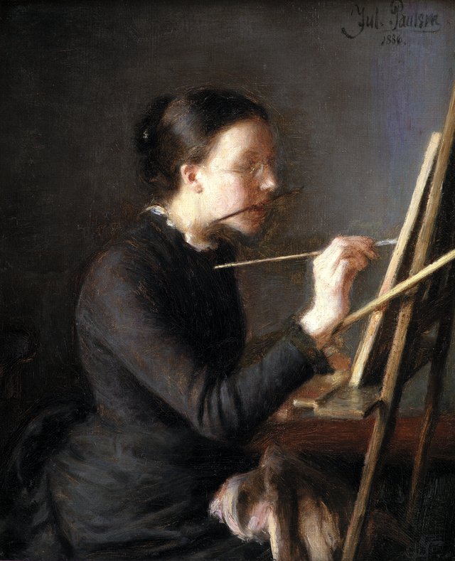 Malerinden Agnes Paulsen, kunstnerens søster, ved staffeliet by Julius Paulsen