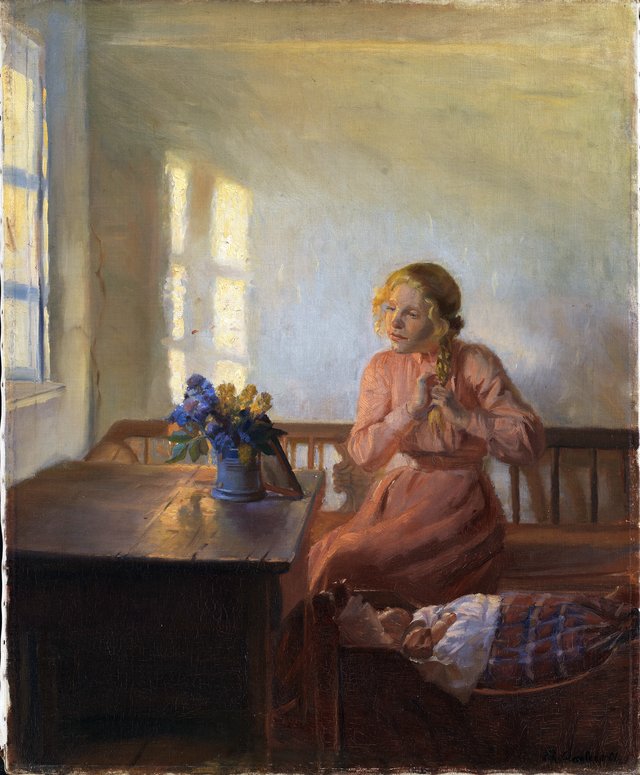 Interiør med en ung pige, der fletter sit hår by Anna Ancher