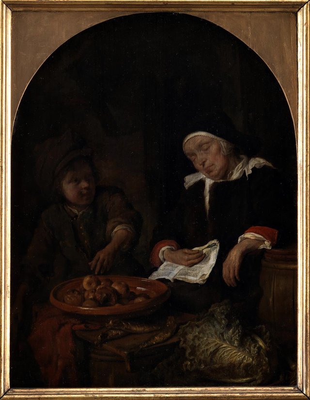 En kone, der sælger frugt og sild by Gabriel Metsu