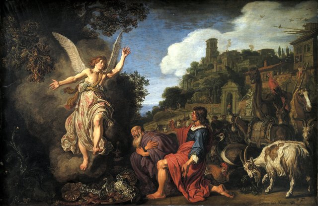 Englen Rafael tager afsked med den gamle Tobit og hans søn Tobias by Pieter Lastman