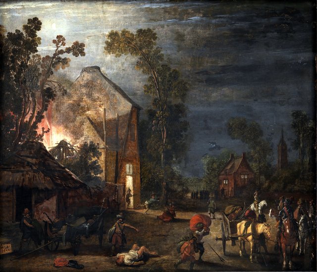 En landsby plyndres om natten by Esaias van de Velde