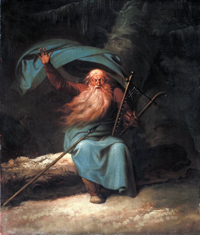 Ossian. Den gamle blinde skotske barde synger til harpen sin svanesang by Nicolai Abildgaard