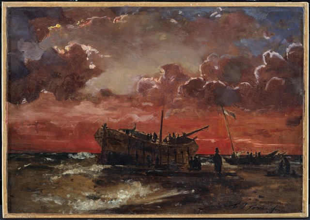Et vrag på Jyllands vestkyst ved solnedgang by Carl Frederik Sørensen