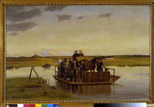 En færge over Gudenåen by Hans Smidth