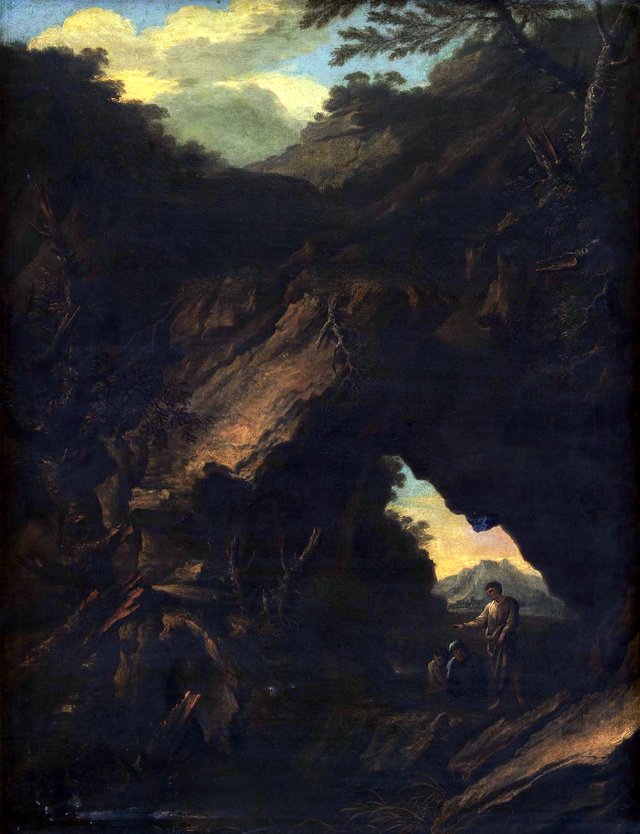 Landskab med en "arco naturale" by Salvator Rosa
