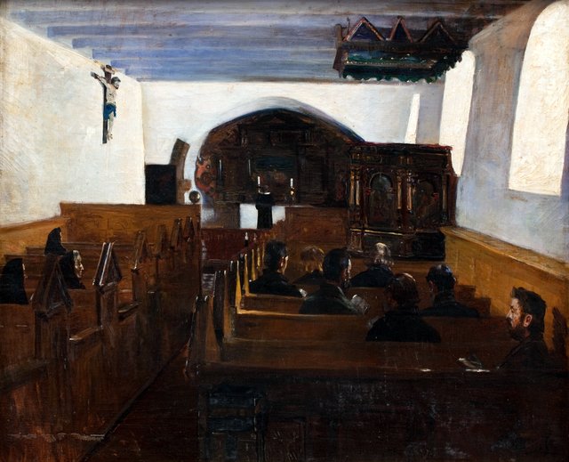 Gudstjeneste i en kirke på Mors by Fridolin Johansen