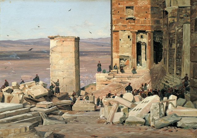 Grækere arbejder i ruinerne ved Akropolis by Martinus Rørbye