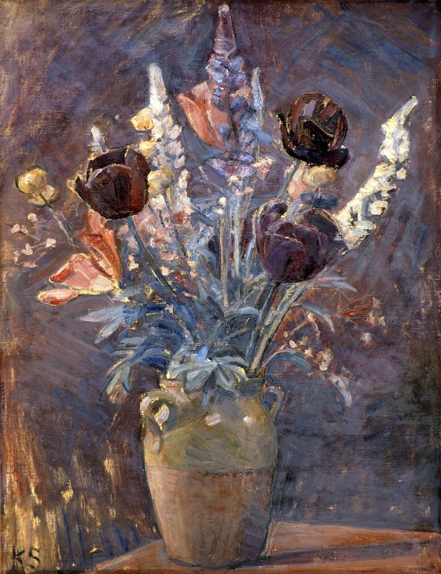 Lervase med tulipaner og andre blomster by Karl Schou