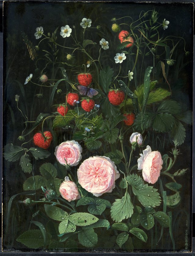 Blomsterstykke med roser og jordbær by O.D. Ottesen