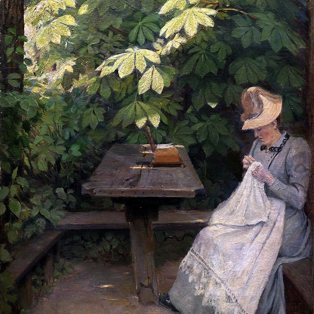 En sommerklædt dame i et lysthus by Poul Simon Christiansen