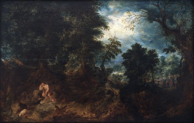Skovlandskab med Johannes Døberen i ødemarken, Johannes Døberens prædiken og Jesu dåb by Abraham Govaerts