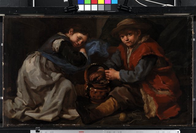 En pige og en dreng, der varmer sig ved et kulbækken by Bernhard Keil