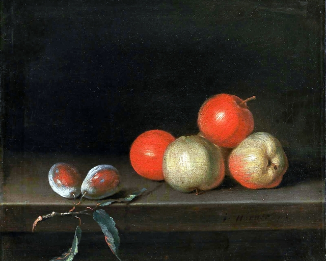 Æbler og ferskner på et bord by Johan Hörner