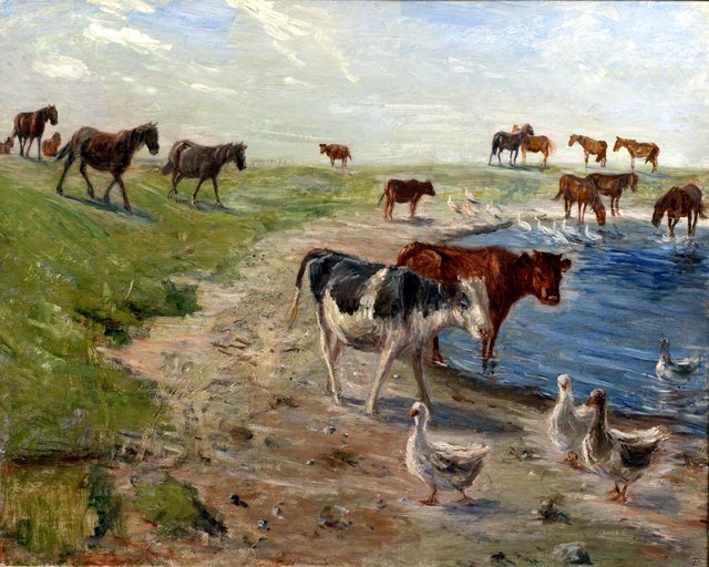 Kalve og gæs ved et vandhul. Saltholm by Theodor Philipsen