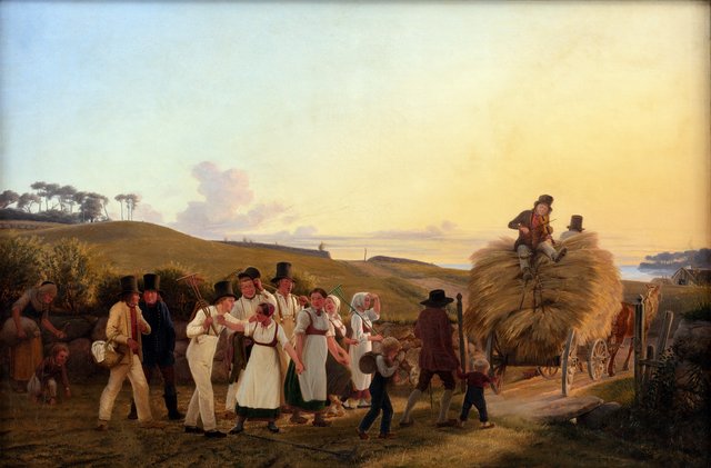 Bønder vender hjem fra marken med det sidste læs korn by Hans Jørgen Hammer