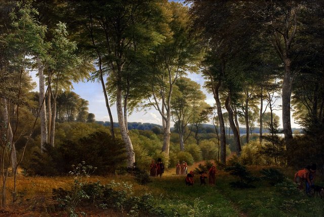 Parti af Delhoved Skov ved Skarre Sø. Eftermiddagsbelysning by P. C. Skovgaard
