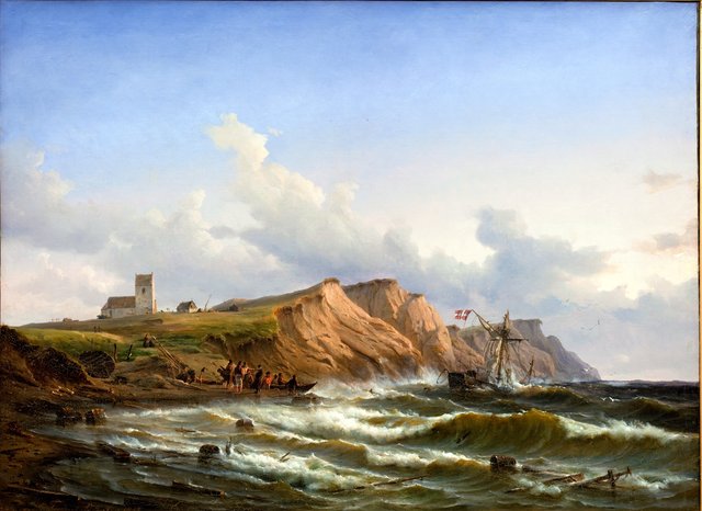 Skibbrud efter en storm ved Jyllands vestkyst ud for Ferring Kirke by Carl Frederik Sørensen