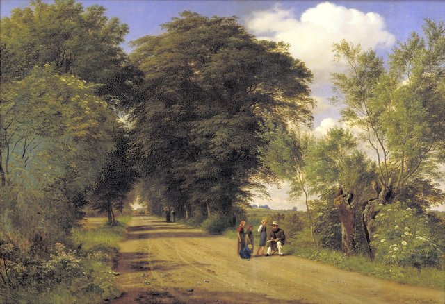 Landevej ved herregården Vognserup. Lundbye sidder ved vejkanten og tegner by P. C. Skovgaard