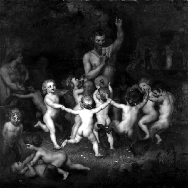 En skovguds familie omgivet af dansende bakkanter og legende børn by Lorenz Frølich