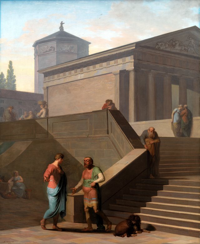 Elskeren Pamfilus i samtale med sin forslagne tjener Davus. Motiv fra Terents: Pigen fra Andros by Nicolai Abildgaard