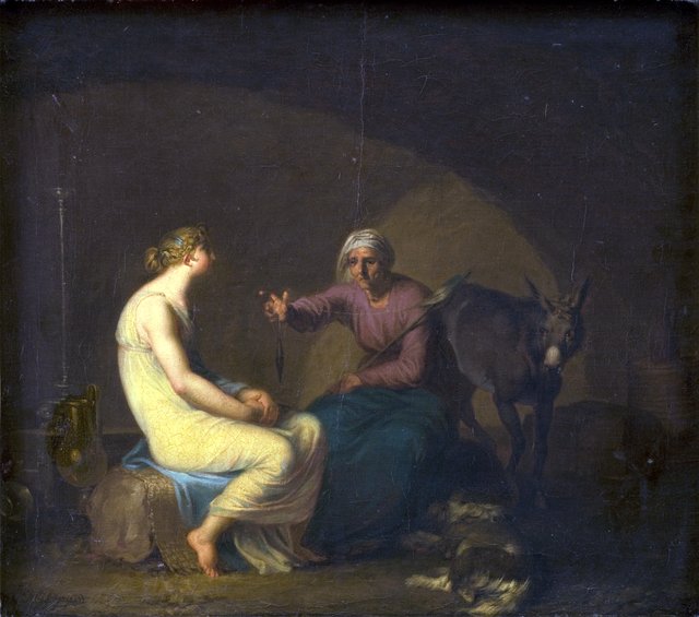 Røverbandens husholderske trøster den unge pige ved at fortælle myten om Amor og Psyche. Motiv fra Apulejus: Det gyldne æsel by Nicolai Abildgaard