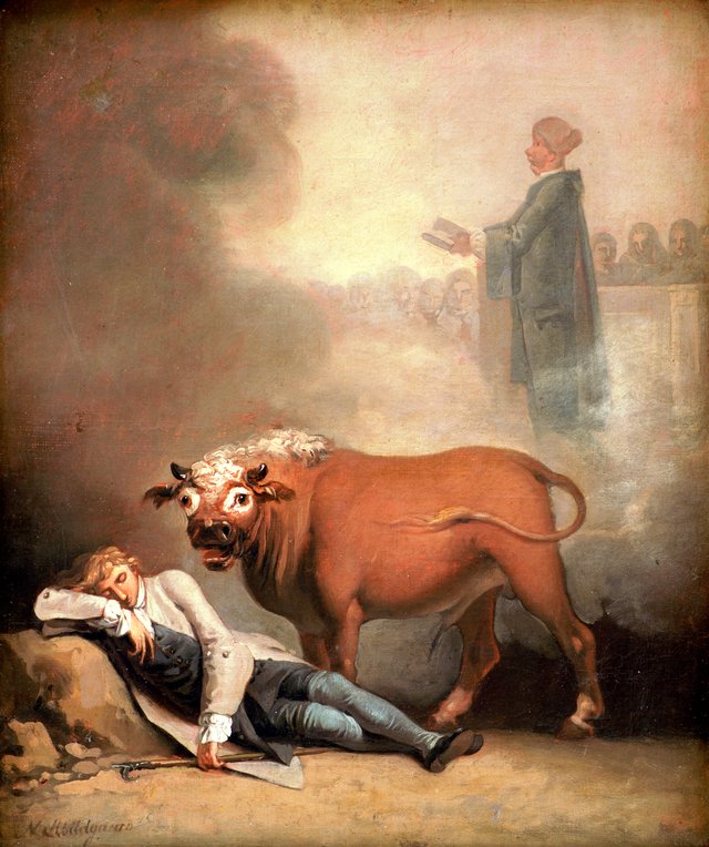 Niels Klim tror at høre degnen i Fane Kirke, da han vågner på den underjordiske planet ved en tyrs brølen by Nicolai Abildgaard
