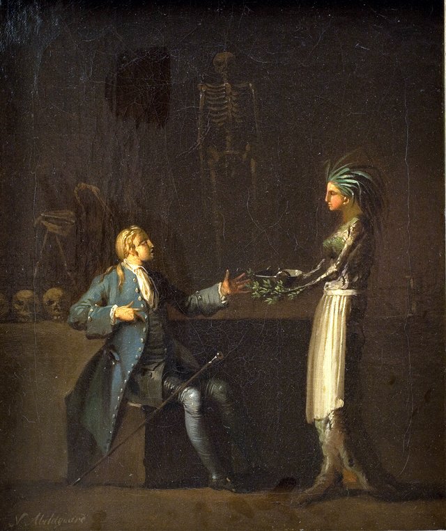 Lægens hustru røber, at hendes mand vil anatomere Niels Klim til videnskabens fremme by Nicolai Abildgaard