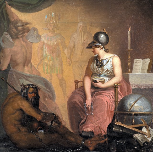 Videnskabernes fornyelse, bogtrykkerkunstens og krudtets opfindelse samt Amerikas opdagelse. Allegori på en af fire hovedepoker i Europas kulturhistorie by Nicolai Abildgaard