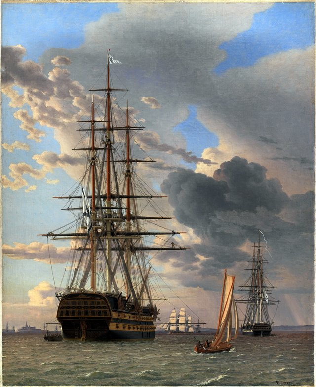 Det russiske linjeskib "Asow" og en fregat til ankers på Helsingørs red by Christoffer Wilhelm Eckersberg