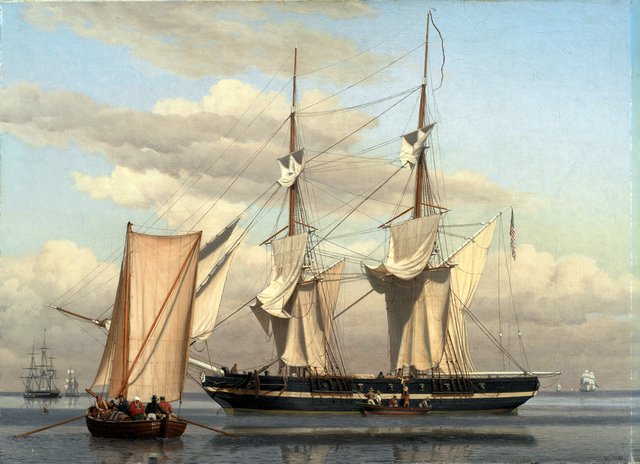 En amerikansk orlogsbrig, der ligger for anker, mens sejlene tørres by Christoffer Wilhelm Eckersberg