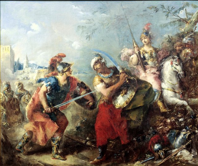 Kampen mellem Tancred og Argante med Clorinda i baggrunden by Giovanni Antonio Guardi