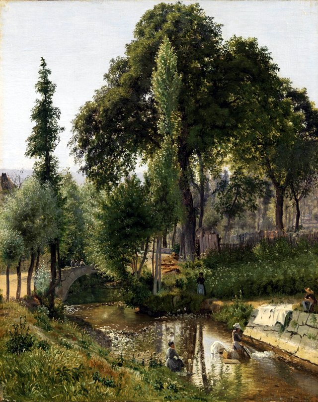 Landskab fra Savoyen med kvinder, som vasker i floden by Vilhelm Kyhn