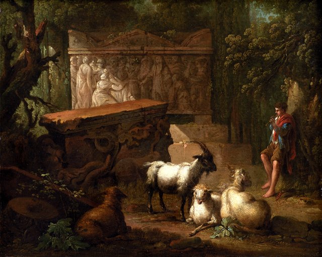 Antikke ruiner omgivet af træer, i forgrunden en hyrde og nogle geder by Johan Edvard Mandelberg