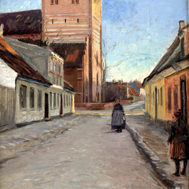 Gade i Køge med Nicolai kirke til venstre by Albert Gottschalk