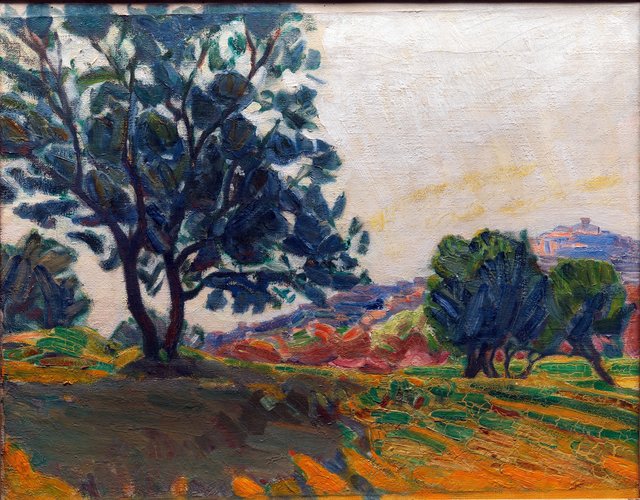 Olivenlunden. Cagnes by i baggrunden. Mod lyset by Niels Larsen Stevns