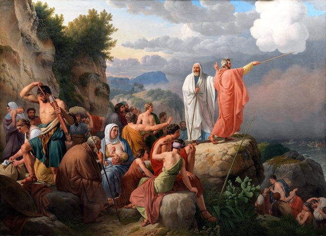 Moses lader Det Røde Hav træde tilbage og Faraos hær oversvømmes by Christoffer Wilhelm Eckersberg