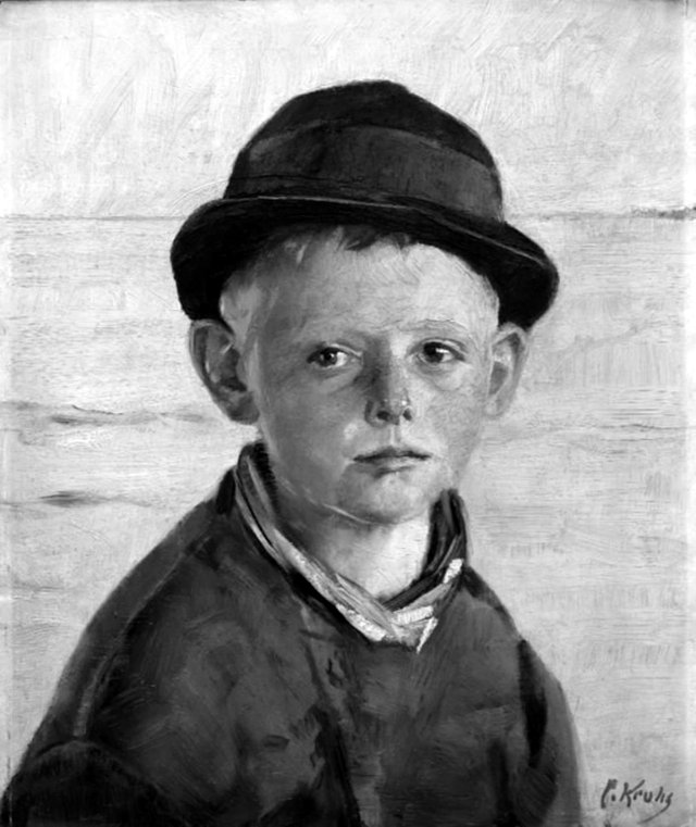 Fiskerdreng ved havet, aftensol by Christian Krohg