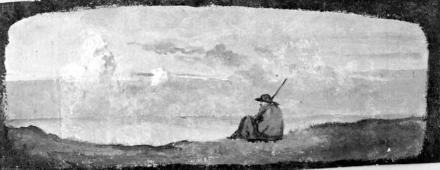 Siddende hyrde i landskab med aftenskyer by Lorenz Frølich